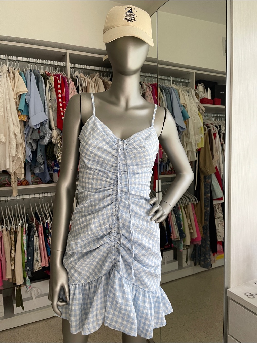 Blue Gingham Ruched Mini Dress with Ruffle Hem